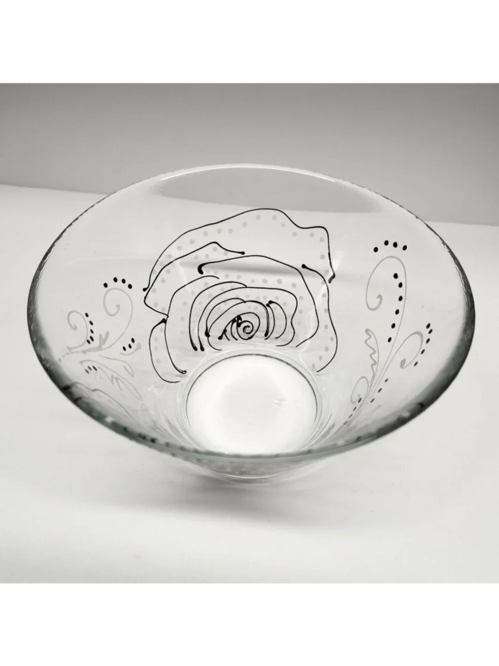 Floral Hand Painted Glass Bowl Black & White Rose